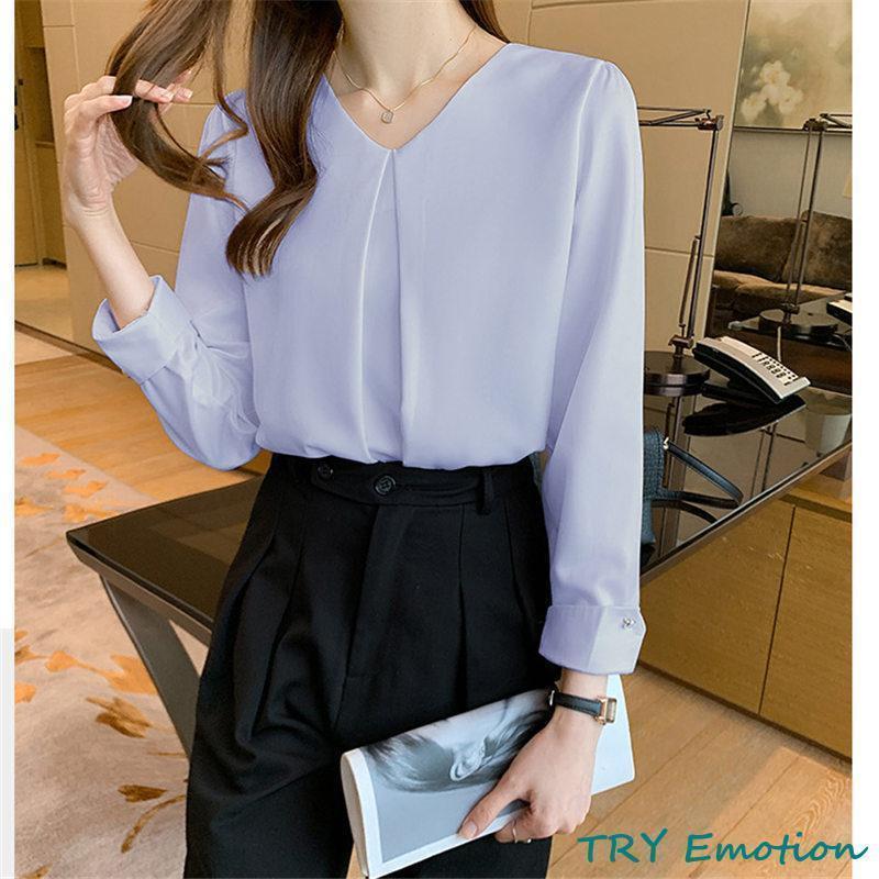 ブラウス レディース 長袖 春秋 Vネック 長袖シャツ トップス 体型カバー OL 通勤 シフォン シンプル おしゃれ ビジネス デート フォーマル - 画像 (2)