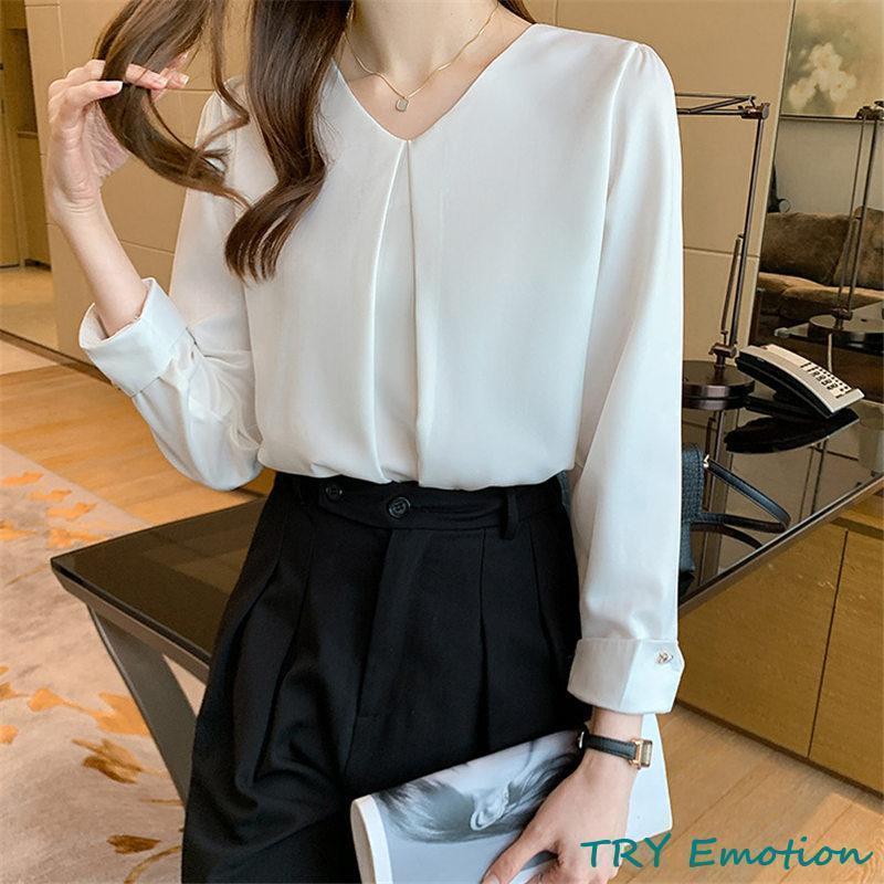 ブラウス レディース 長袖 春秋 Vネック 長袖シャツ トップス 体型カバー OL 通勤 シフォン シンプル おしゃれ ビジネス デート フォーマル - 画像 (5)