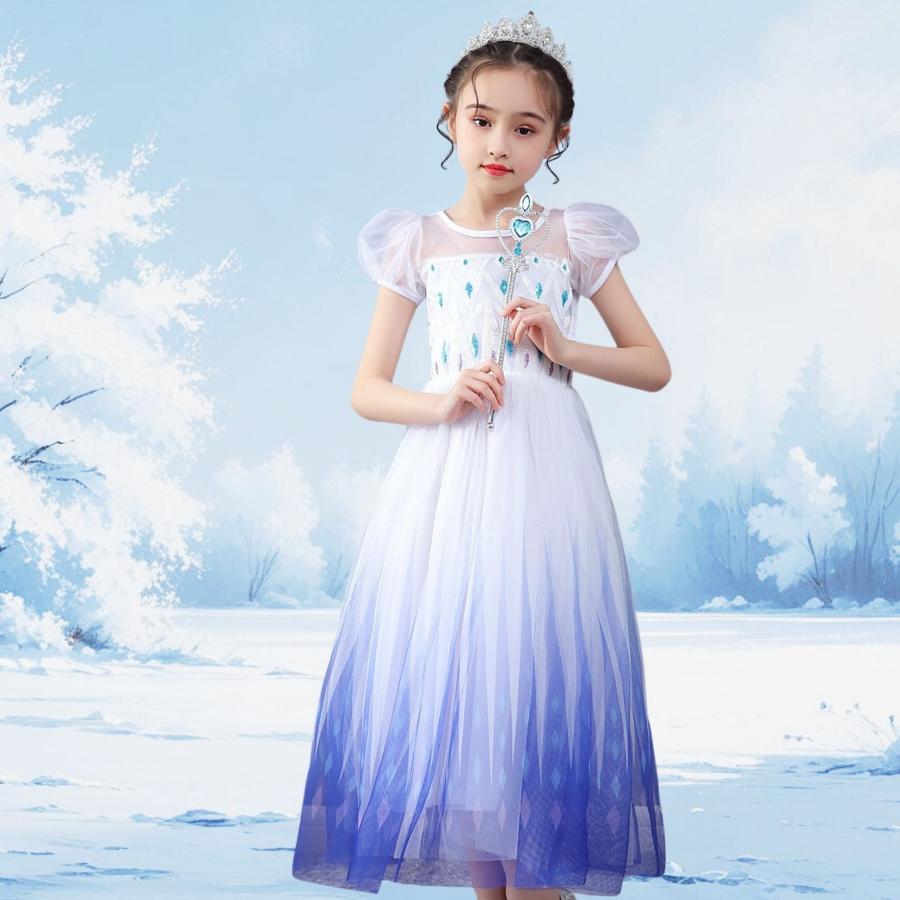 白 エルサ ドレス キッズ アナと雪の女王 子供 用 半袖 ハロウィン 衣装 コスチューム コスプレ プリンセス 女の子 誕生日 プレゼント 100 110 120 130 140 cm - 画像 (2)