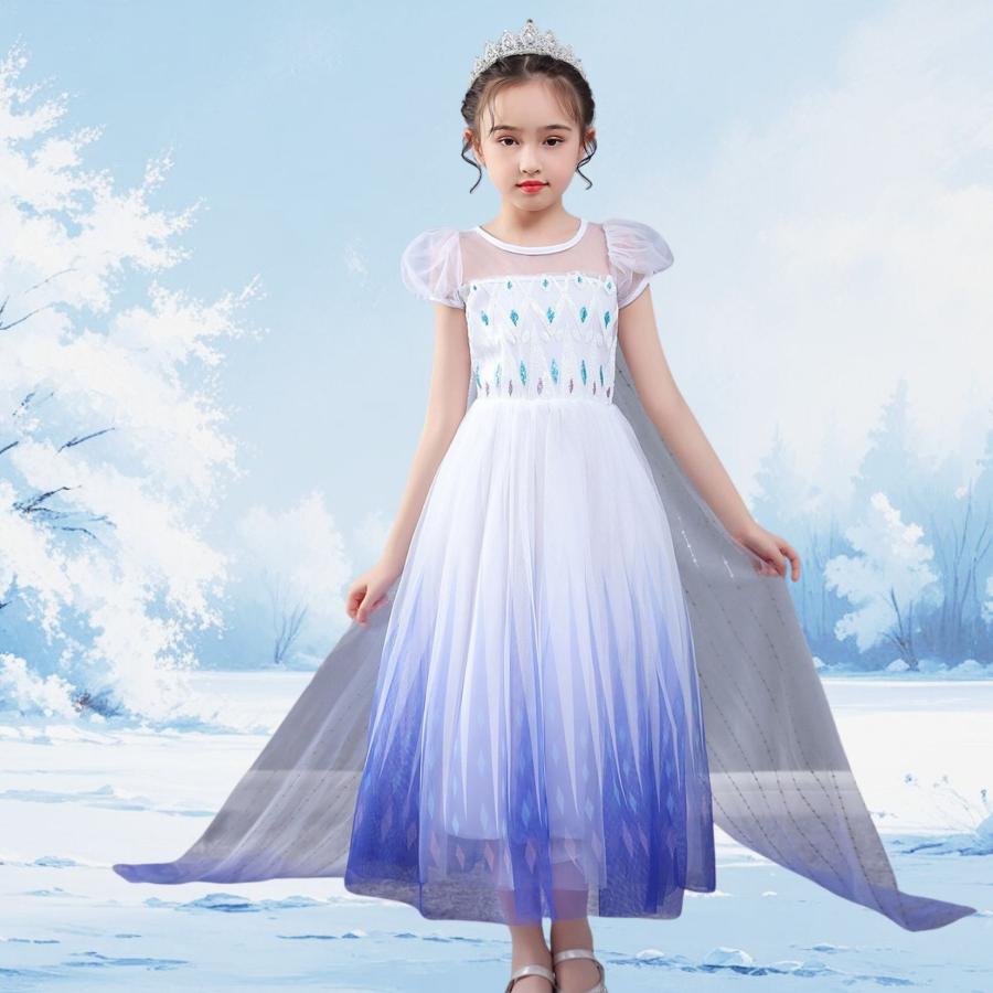 白 エルサ ドレス キッズ 手袋付 アナと雪の女王 子供 半袖 ハロウィン 衣装 コスチューム コスプレ プリンセス 女の子 誕生日 プレゼント 100 110 120 130 cm