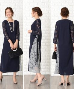 Lace Ladies パーティードレス ワンピース ロング丈 8分袖 レース袖 サイドレース フォーマル 結婚式 入園式 卒園式 二次会