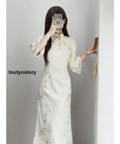 チャイナドレス ロング ワンピース マキシ 花柄 七分袖 チャイナ服 ロングチャイナドレス