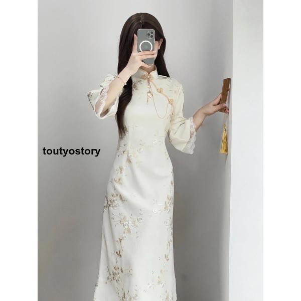 チャイナドレス ロング ワンピース マキシ 花柄 七分袖 チャイナ服 ロングチャイナドレス