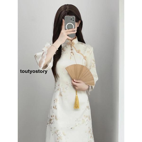 チャイナドレス ロング ワンピース マキシ 花柄 七分袖 チャイナ服 ロングチャイナドレス - 画像 (2)