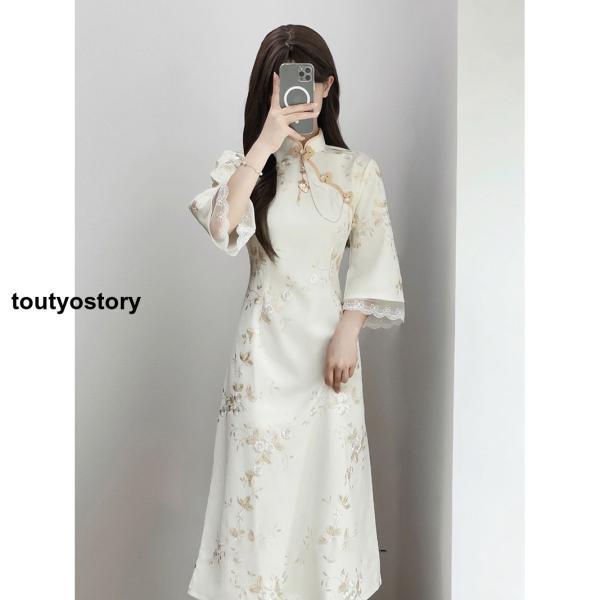 チャイナドレス ロング ワンピース マキシ 花柄 七分袖 チャイナ服 ロングチャイナドレス - 画像 (3)