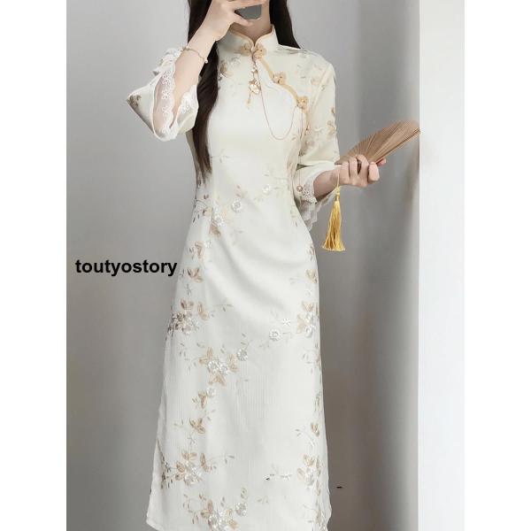 チャイナドレス ロング ワンピース マキシ 花柄 七分袖 チャイナ服 ロングチャイナドレス - 画像 (4)