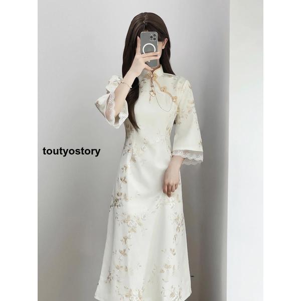 チャイナドレス ロング ワンピース マキシ 花柄 七分袖 チャイナ服 ロングチャイナドレス - 画像 (5)