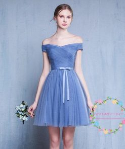 Aラインドレス パーティードレス カラードレス カクテルドレス 発表会 演奏会 ミニドレス フォーマル ブルー オフショルダー ブライズメイドドレス シンプル