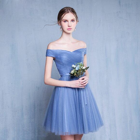 Aラインドレス パーティードレス カラードレス カクテルドレス 発表会 演奏会 ミニドレス フォーマル ブルー オフショルダー ブライズメイドドレス シンプル - 画像 (2)
