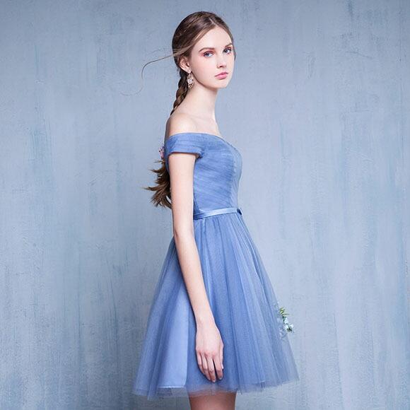 Aラインドレス パーティードレス カラードレス カクテルドレス 発表会 演奏会 ミニドレス フォーマル ブルー オフショルダー ブライズメイドドレス シンプル - 画像 (4)