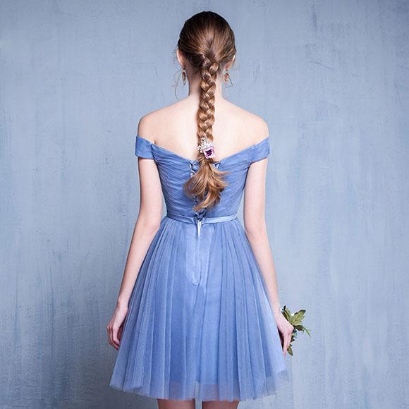 Aラインドレス パーティードレス カラードレス カクテルドレス 発表会 演奏会 ミニドレス フォーマル ブルー オフショルダー ブライズメイドドレス シンプル - 画像 (5)