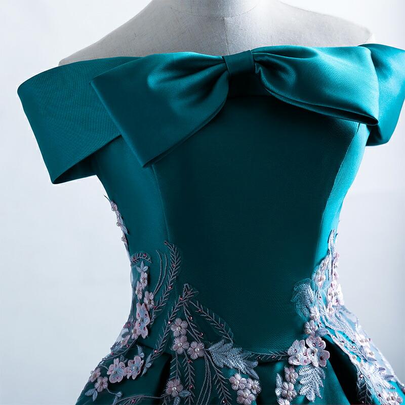 カラードレス ウエディングドレス コンサート 二次会 演奏会 パーティードレス コンクール 舞台 ロングドレス 発表会 グリーン オフショルダー ステージ衣装 - 画像 (2)