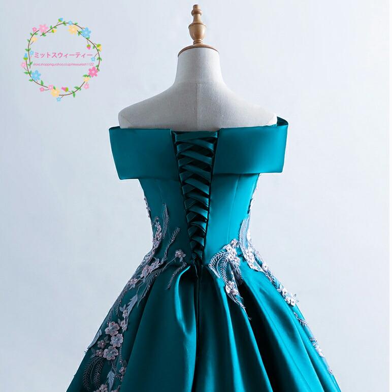 カラードレス ウエディングドレス コンサート 二次会 演奏会 パーティードレス コンクール 舞台 ロングドレス 発表会 グリーン オフショルダー ステージ衣装 - 画像 (5)