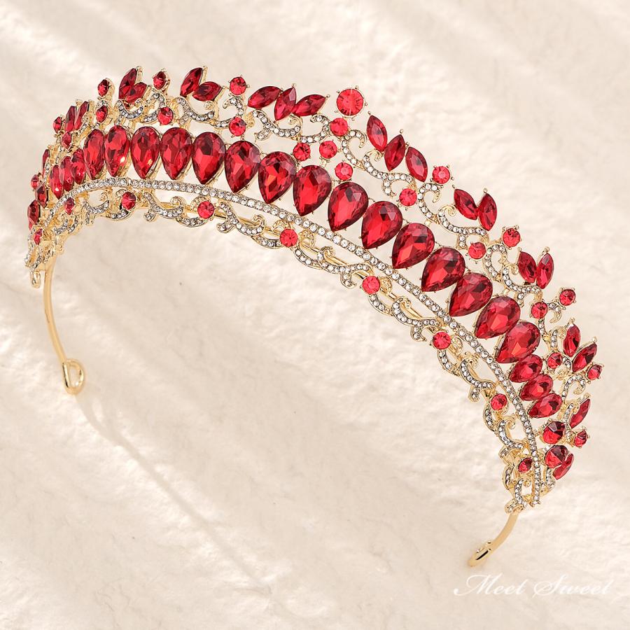 ウェディングヘッドドレス ティアラ プリンセス 結婚式 前撮り 二次会 発表会 演奏会 ブライダル パーティー 花嫁 レッド グリーン ブルー シルバー ゴールド - 画像 (6)