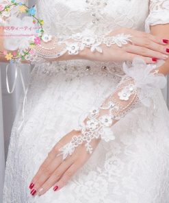 指なし手袋 フィンガーレスグローブ ウェディンググローブ ブライダル手袋 ミドルグローブ 花嫁 レース お花付き 花嫁用品 ホワイト ウエディンググ手袋