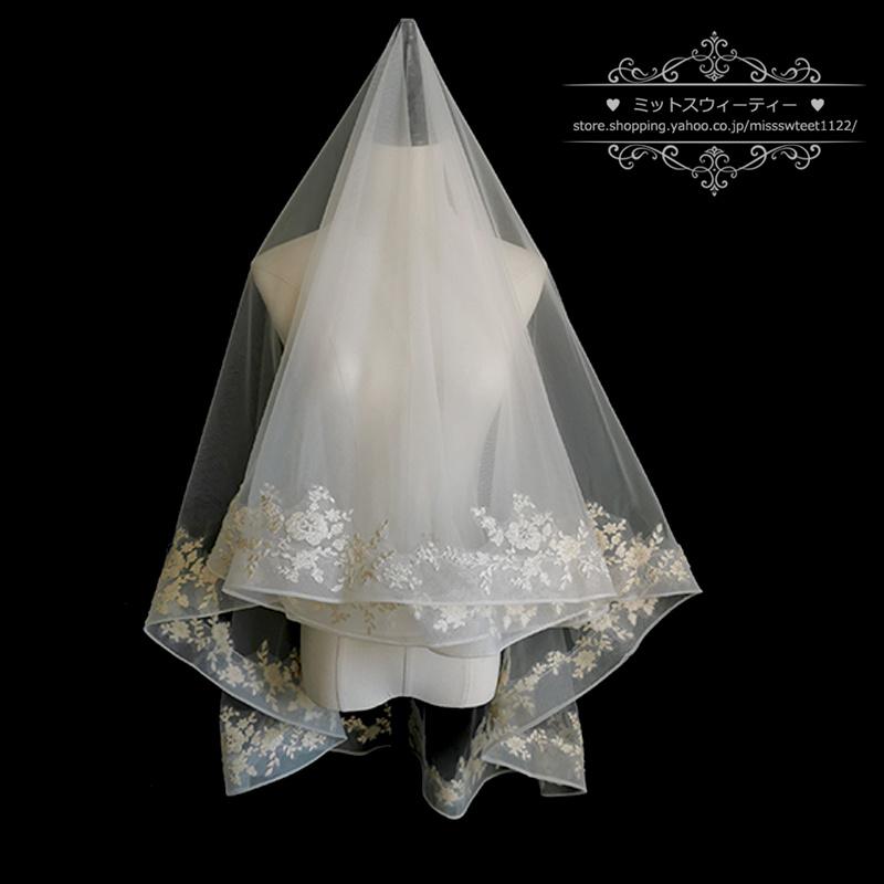 ウエディングベール オフホワイト シャンパン ウェディングベール ミディアムベール フェイスアップベール 花柄 ブライダル 結婚式 二次会 披露宴 花嫁 挙式