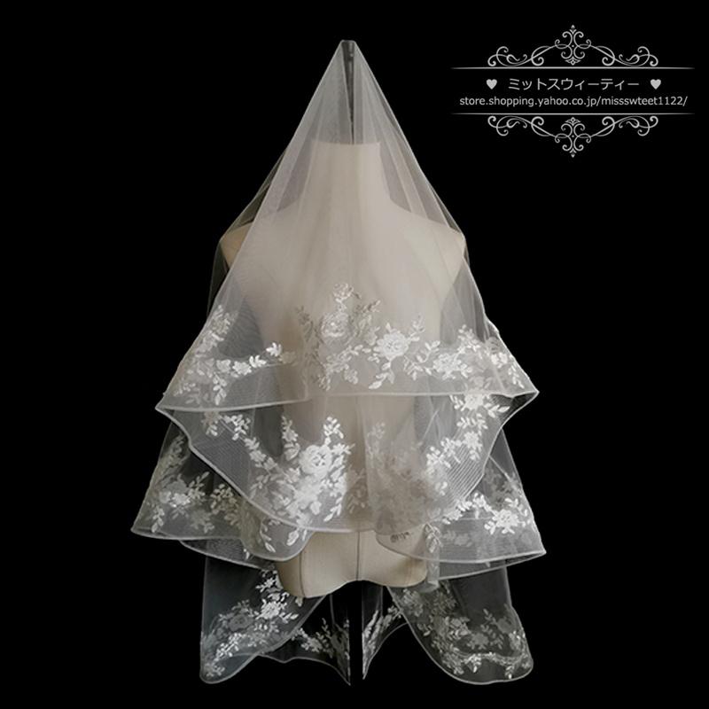 ウエディングベール オフホワイト シャンパン ウェディングベール ミディアムベール フェイスアップベール 花柄 ブライダル 結婚式 二次会 披露宴 花嫁 挙式 - 画像 (2)