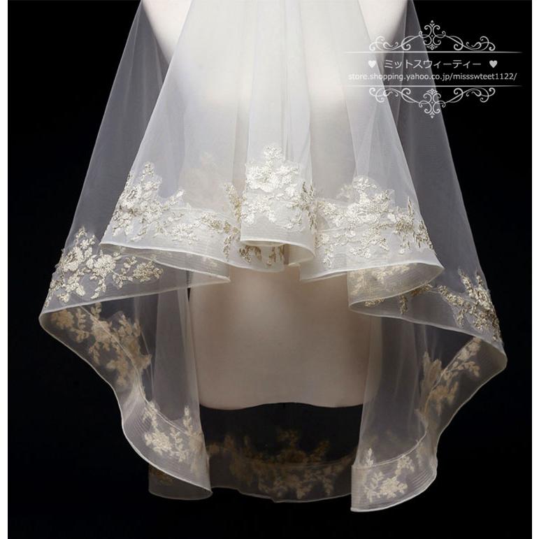 ウエディングベール オフホワイト シャンパン ウェディングベール ミディアムベール フェイスアップベール 花柄 ブライダル 結婚式 二次会 披露宴 花嫁 挙式 - 画像 (3)