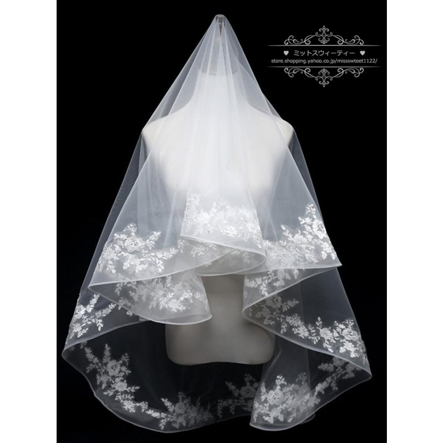 ウエディングベール オフホワイト シャンパン ウェディングベール ミディアムベール フェイスアップベール 花柄 ブライダル 結婚式 二次会 披露宴 花嫁 挙式 - 画像 (4)