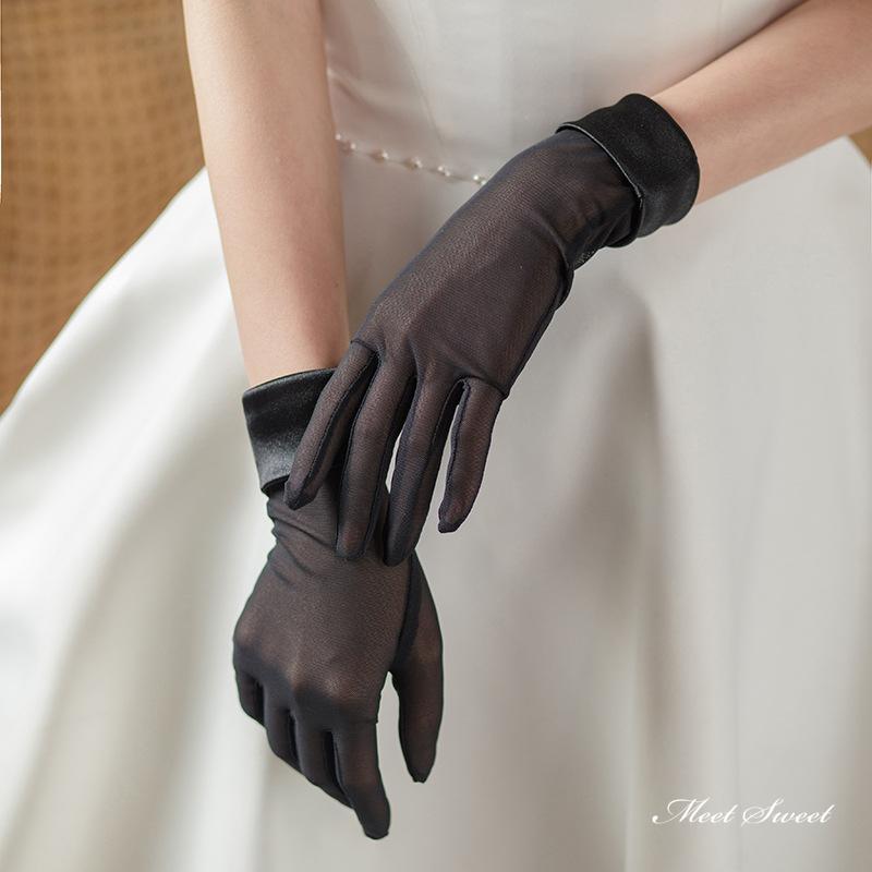ウェディンググローブ ウエディンググローブ ショートグローブ サテン オーガンジーグローブ ブライダル 結婚式 花嫁 二次会 披露宴 前撮り ブラック 黒 - 画像 (4)