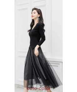 発表会 ピアノ 大人 ドレス ワンピース 長袖 無地 膝丈 Vネック 高校生 ブラック 黒 エレガント ウェディング レース ハイネックドレス ビーズ プリンセ