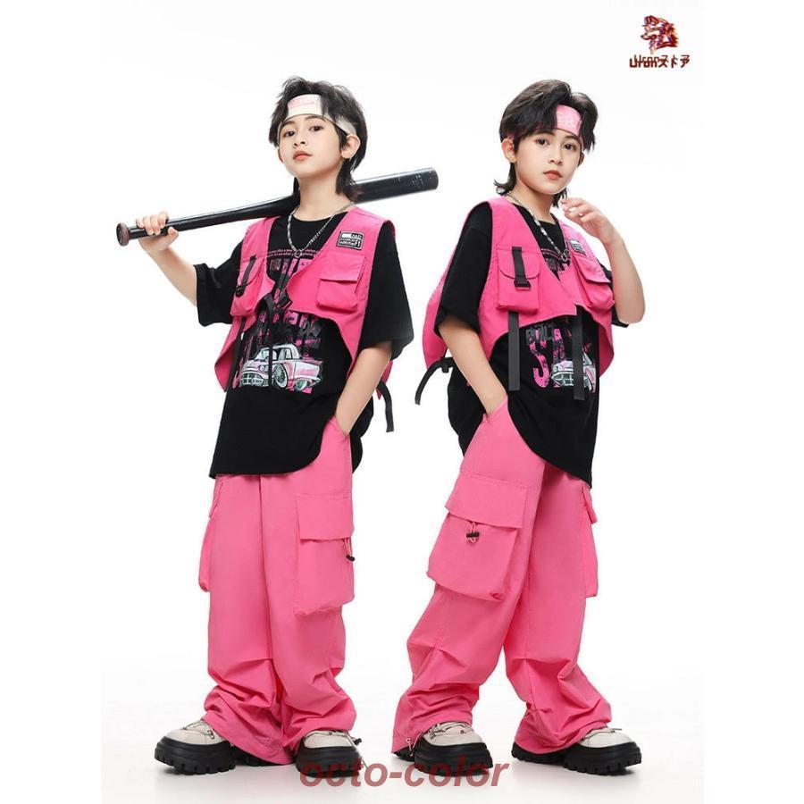 黒 Tシャツ ピンク ベスト カーゴパンツ キッズ ダンス衣装 セットアップ 上下セット おしゃれ 女の子 男の子 子供 かっこいい かわいい 半袖 トップス カジュア - 画像 (2)