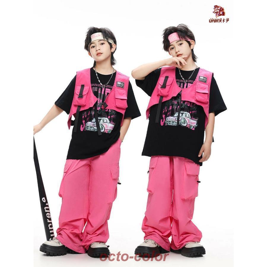 黒 Tシャツ ピンク ベスト カーゴパンツ キッズ ダンス衣装 セットアップ 上下セット おしゃれ 女の子 男の子 子供 かっこいい かわいい 半袖 トップス カジュア - 画像 (3)