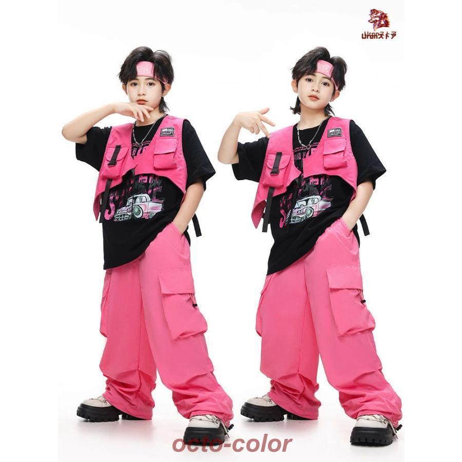 黒 Tシャツ ピンク ベスト カーゴパンツ キッズ ダンス衣装 セットアップ 上下セット おしゃれ 女の子 男の子 子供 かっこいい かわいい 半袖 トップス カジュア - 画像 (4)