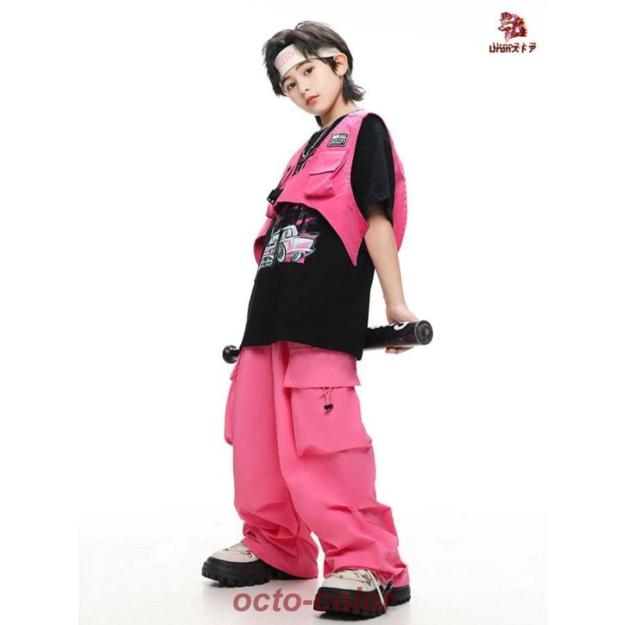 黒 Tシャツ ピンク ベスト カーゴパンツ キッズ ダンス衣装 セットアップ 上下セット おしゃれ 女の子 男の子 子供 かっこいい かわいい 半袖 トップス カジュア - 画像 (8)