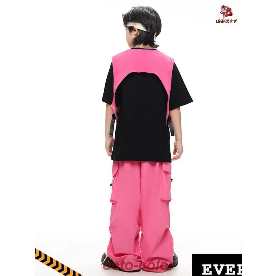 黒 Tシャツ ピンク ベスト カーゴパンツ キッズ ダンス衣装 セットアップ 上下セット おしゃれ 女の子 男の子 子供 かっこいい かわいい 半袖 トップス カジュア - 画像 (9)