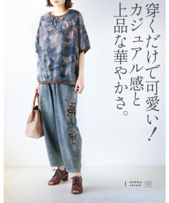 OTONA パンツ 花刺繍で映える 上品カジュアルデニム 薄手 軽い 大人可愛い Gパン 低身長 カーブパンツ 春夏 秋冬 ブルー 40代 50代 60代