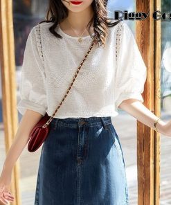 ブラウス レディース 40代 春夏新作 オシャレブラウス 白レースブラウス パフスリーブ Tシャツ 半袖トップス カジュアル 通勤 ゆったりtシャツ 30代 50代