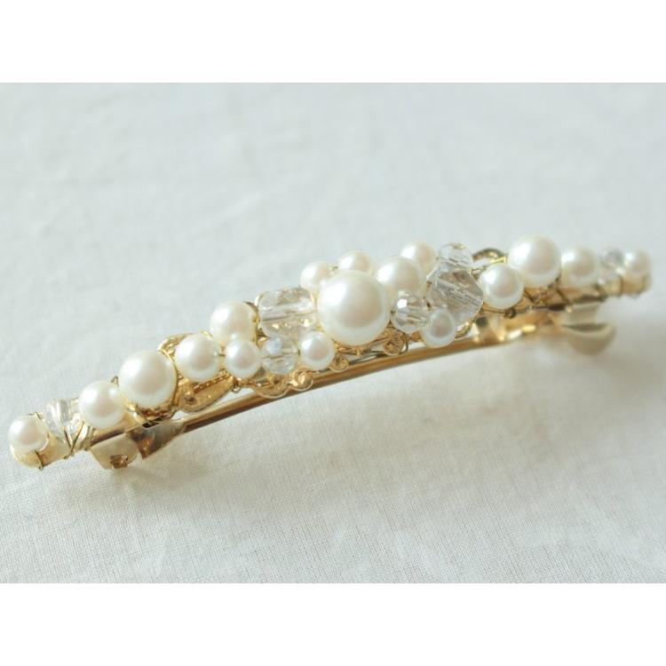 PLIQUA 結婚式 ヘアアクセサリー 人気 お呼ばれ バレッタ おしゃれ 日本製 7-25100 パール&ビジューバレッタ(小) - 画像 (2)