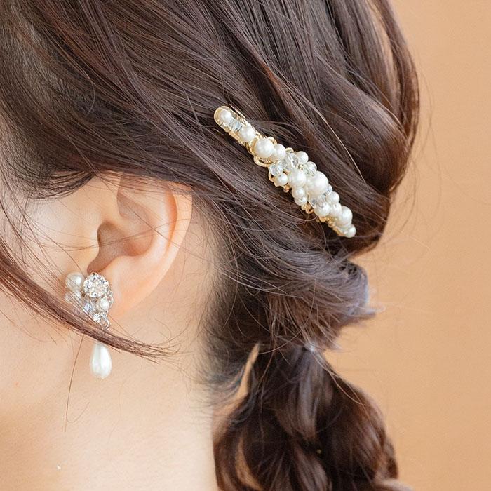 PLIQUA 結婚式 ヘアアクセサリー 人気 お呼ばれ バレッタ おしゃれ 日本製 7-25100 パール&ビジューバレッタ(小) - 画像 (8)