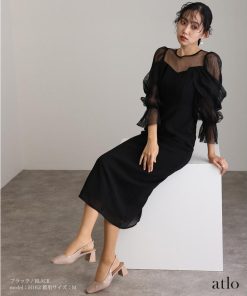 atlo パーティードレス 結婚式 ワンピース 体型カバー ドレス オケージョンドレス 大きいサイズ オフショルダー フォーマル 服装 20代 30代 40代 七分袖 マキシ丈