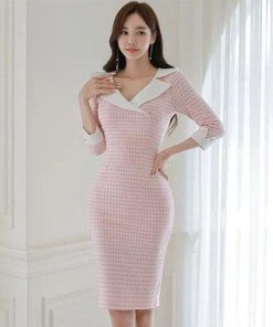 GRAXIA キャバドレス ナイトドレス ミディアムドレス タイト ワンピース 七分袖 テーパード チェック柄 千鳥格子 レディース グラシア