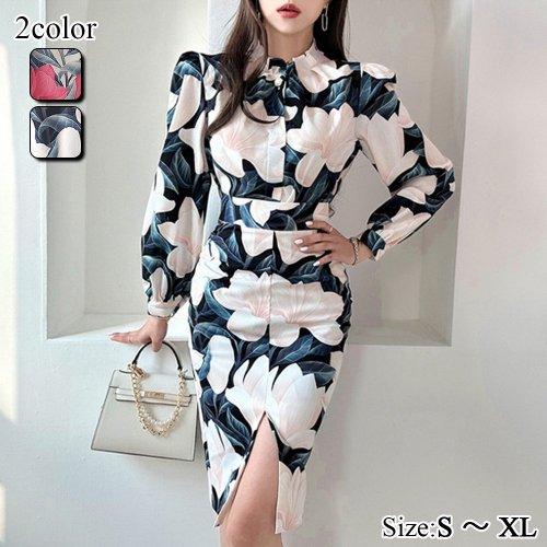 GRAXIA キャバドレス ナイトドレス ミディアムドレス セットアップ ツーピース タイト キャバ嬢 キャバクラ ラウンジ 長袖 花柄 パールボタン レディース グラシア - 画像 (8)