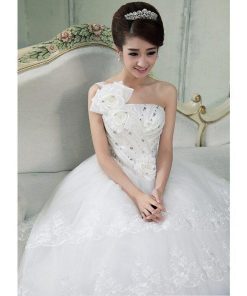 !刺繍シンプルウェディングドレス 豪華なシングル肩ウェディングドレス☆格安結婚式二次会パーティー披露宴結婚式ドレス