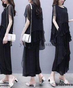 パンツドレス 結婚式 シフォン レディース セットアップ ガウチョパンツ パンツスーツ 2点セット ブラウス ワイドパンツ オフィス 通勤 ゆったり 着痩せ 夏