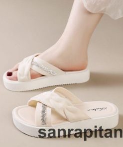 サンダル 厚底サンダル スリッパ フラットサンダル つっかけ レディース 女性 婦人 靴 くつ クロス ラインストーン ぺたんこ かわいい おしゃれ