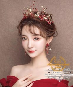 ヘアアクセサリー ティアラ＋イヤリング ウェディング小物 ヘッドドレス 結婚式 二次会 披露宴 花嫁 ブライダル ウエディング パーティー 赤 レッド クラウン