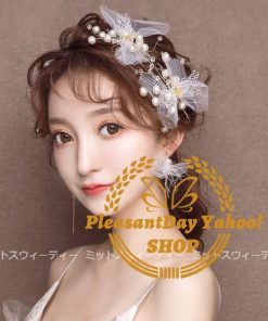 ヘアアクセサリー ヘッドドレス＋イヤリング 前撮り ヘアコサージュ ウェディングヘアアクセサリー 髪飾り パール 花 結婚式 二次会 ブライダル チュール