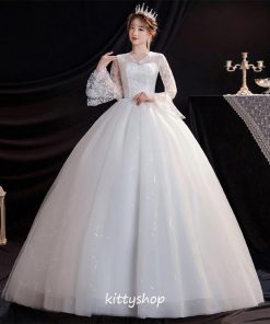ウェディングドレス 袖あり 白 花嫁ドレス 結婚式ドレス レース Vネック ロング丈 ドレス 海外挙式 二次会ドレス 長袖