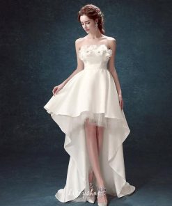 ウェディングドレス ノースリーブ ショート丈 ビスチェドレス フラワー 可愛い 花嫁ドレス 結婚式ドレス 二次会ドレス ベアトップ トレーンドレス