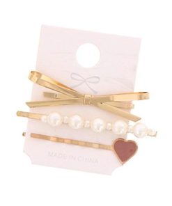 【送料無料】 ハート&リボン&パールヘアピン (ゴールドカラー) (3本セット) / SUNHOSEKI