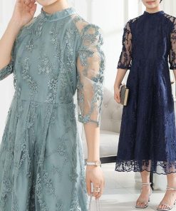 Lace Ladies 総レース プチハイネック スカラップ フレア ワンピース 女性 レディース ドレス 半袖 春 夏 秋 冬 花 フラワー ボタニカル エレガン
