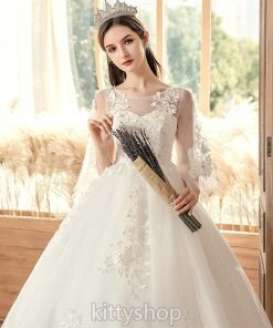 【特価】ウェディングドレス 大きいサイズ 妊娠 結婚式ドレス Aライン ホワイトドレス 袖あり ロング ブライダルドレス 白 プリンセスドレス 二次会 披露宴