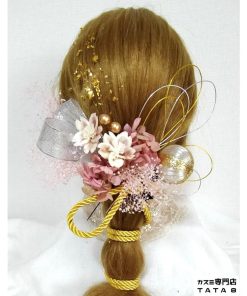 【髪飾りTata8】春爛漫桜 成人式 振袖 結婚式 卒業式 七五三 袴 和装 着物 お花 金箔 リボン 飾り紐 和玉 パール 水引き(ピンク系/ゴールド/シルバー)77a