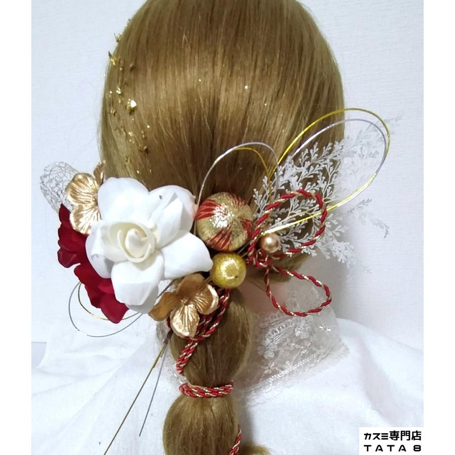 【髪飾りTata8】成人式 振袖 結婚式 卒業式 袴 和装 高級造花 プリザーブドフラワー 金箔 リボン 飾り紐 和玉 パール 水引き(白2/赤/ゴールド/シルバー)74bh - 画像 (4)