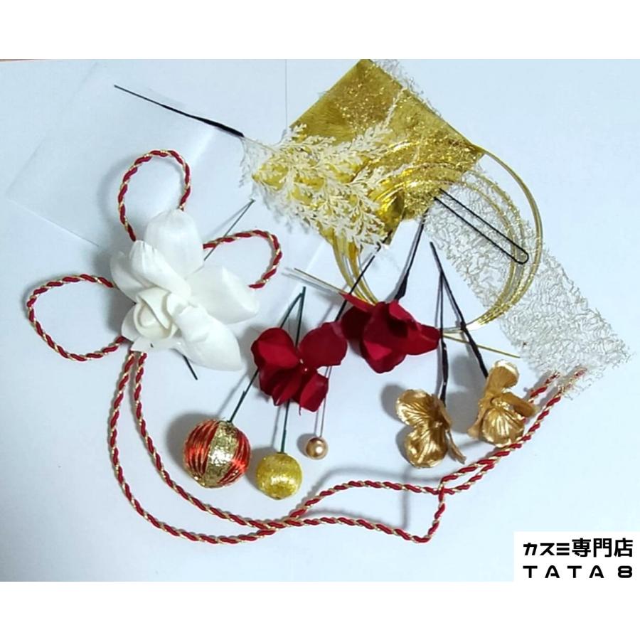【髪飾りTata8】成人式 振袖 結婚式 卒業式 袴 和装 高級造花 プリザーブドフラワー 金箔 リボン 飾り紐 和玉 パール 水引き(白2/赤/ゴールド/シルバー)74bh - 画像 (5)